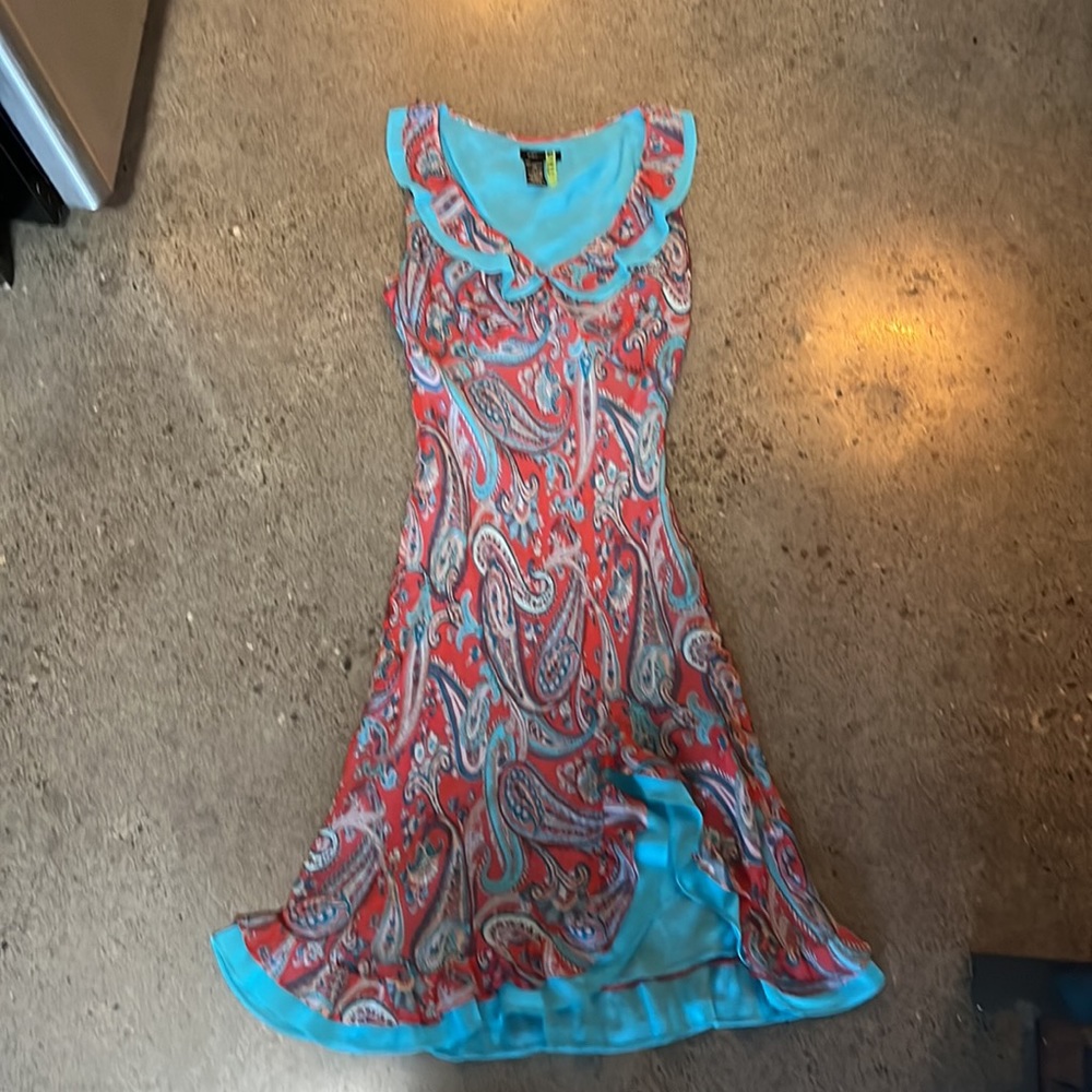 BCBG midi length sleeveless dress, ruffle accent and side slit